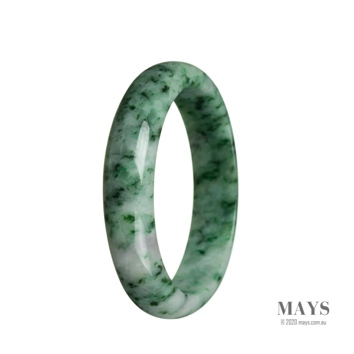 A close-up of a half-moon shaped bracelet made of real untreated green jadeite jade, measuring 63mm.