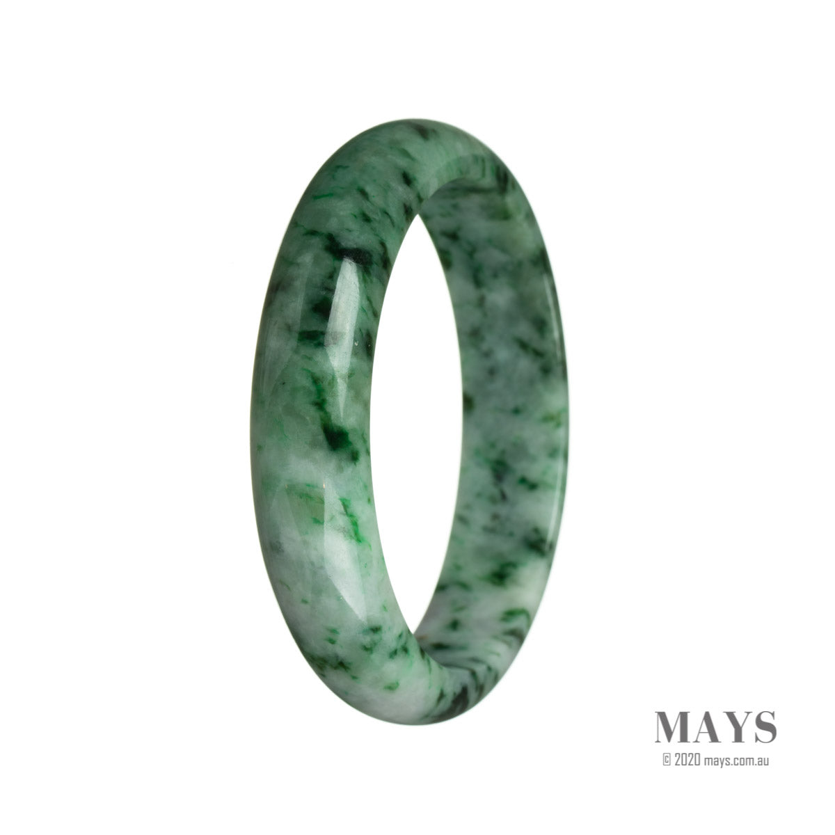 A close-up photo of a beautiful jade bracelet, featuring a half-moon shaped design. The bracelet is made of genuine Grade A green Burma jade, known for its high quality. The jade has a smooth and polished appearance, with natural variations in color and texture. The bracelet measures 63mm in diameter, and is a stunning piece of jewelry from MAYS GEMS.