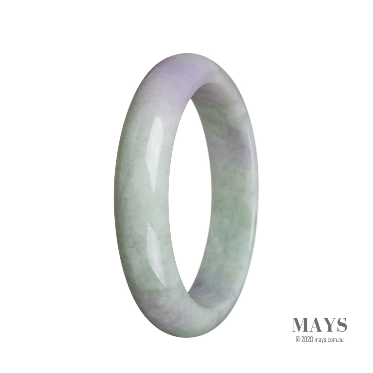 A beautiful half moon-shaped jade bangle bracelet in a vibrant green color with hints of lavender, made from genuine Grade A Burma Jade.