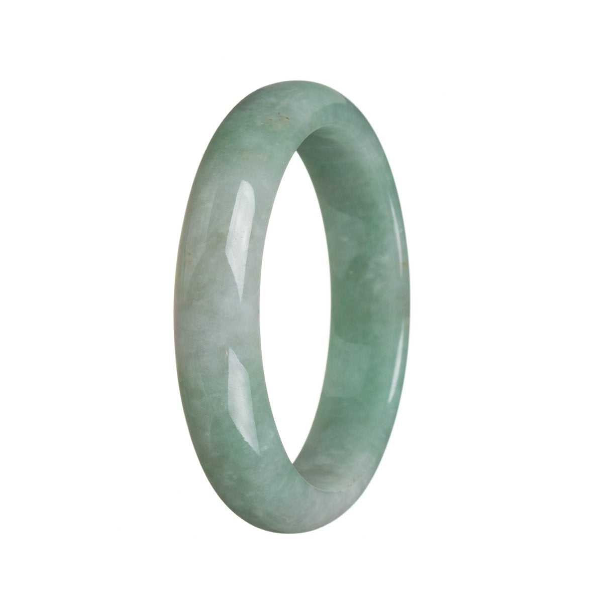 A close-up photo of a half moon-shaped green jadeite bangle with a diameter of 57mm. The bangle is made of genuine Type A jadeite and has a smooth, polished surface. It features a vibrant green color and is a product of MAYS™.