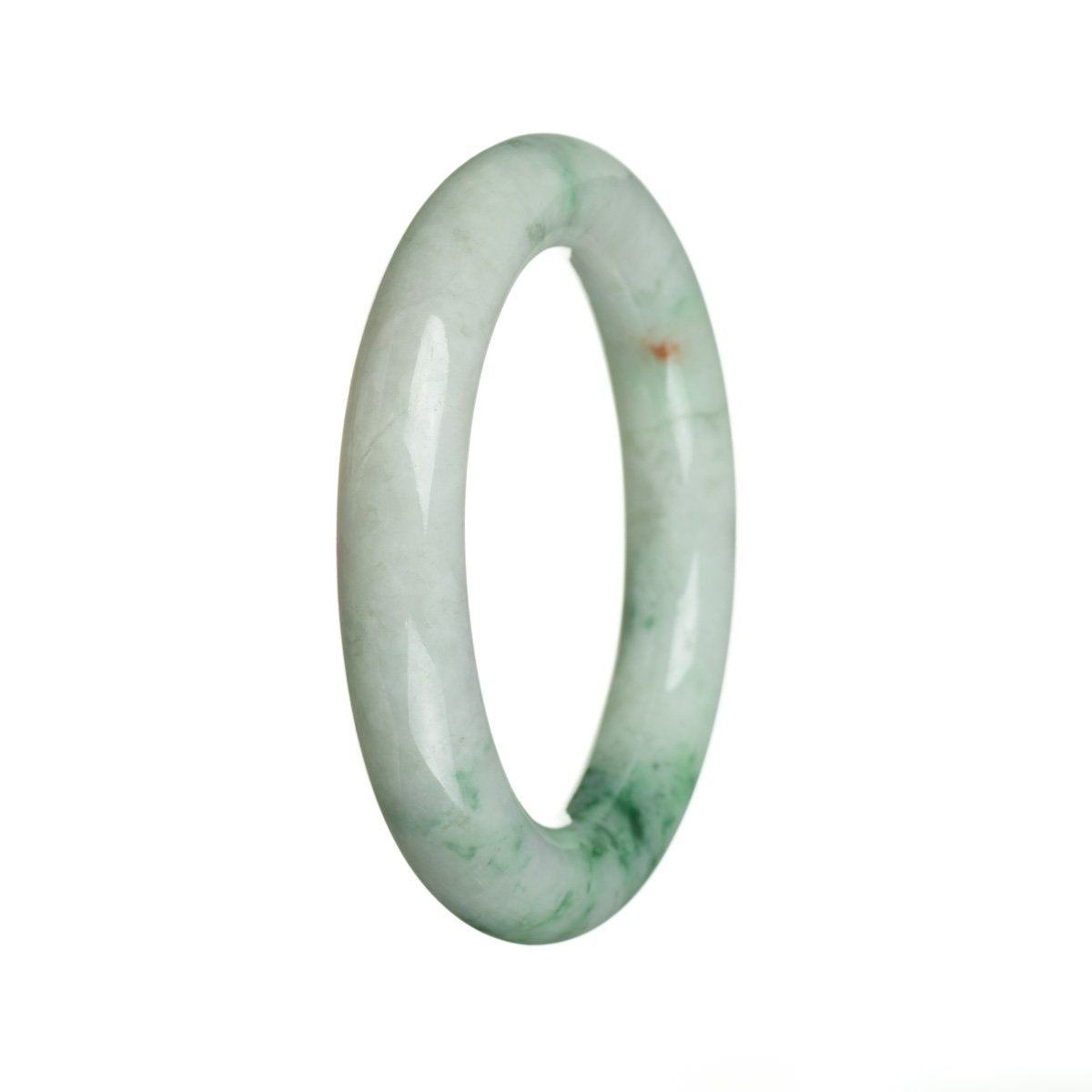 A close-up photo of a round jadeite jade bracelet with a white base color and a green flower pattern. The bracelet measures 56mm in diameter and is of high quality (Grade A). It is being sold by MAYS GEMS.
