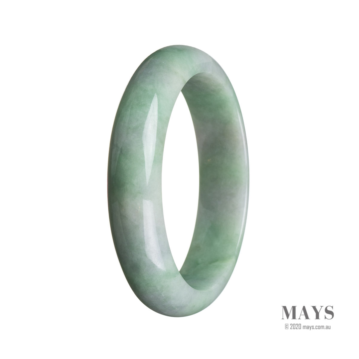 A close-up image of a beautiful green jade bangle bracelet with a half-moon shape. It is authentic and untreated, sourced from Burma. The bracelet has a diameter of 59mm and is a stunning piece of jewelry from the MAYS™ collection.