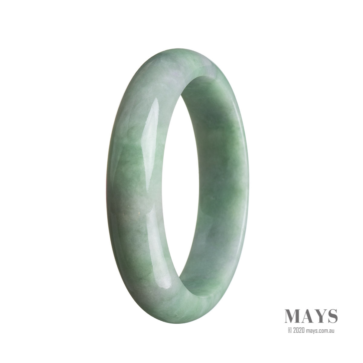 A close-up image of a smooth, half-moon shaped jade bangle in a vibrant shade of green. The bangle features genuine Grade A Burma Jade, known for its high quality. It measures 59mm in diameter and is a beautiful addition to any jewelry collection.