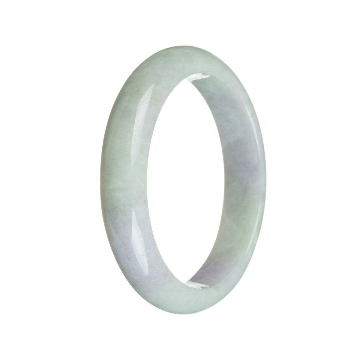 A beautiful half moon-shaped bracelet made of genuine Grade A green jadeite with lavender undertones. The bracelet measures 58mm and is a perfect addition to any jewelry collection.