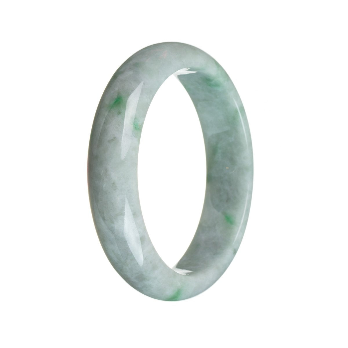 A half moon-shaped jade bracelet with a genuine natural green color on a white background, sold by MAYS GEMS.