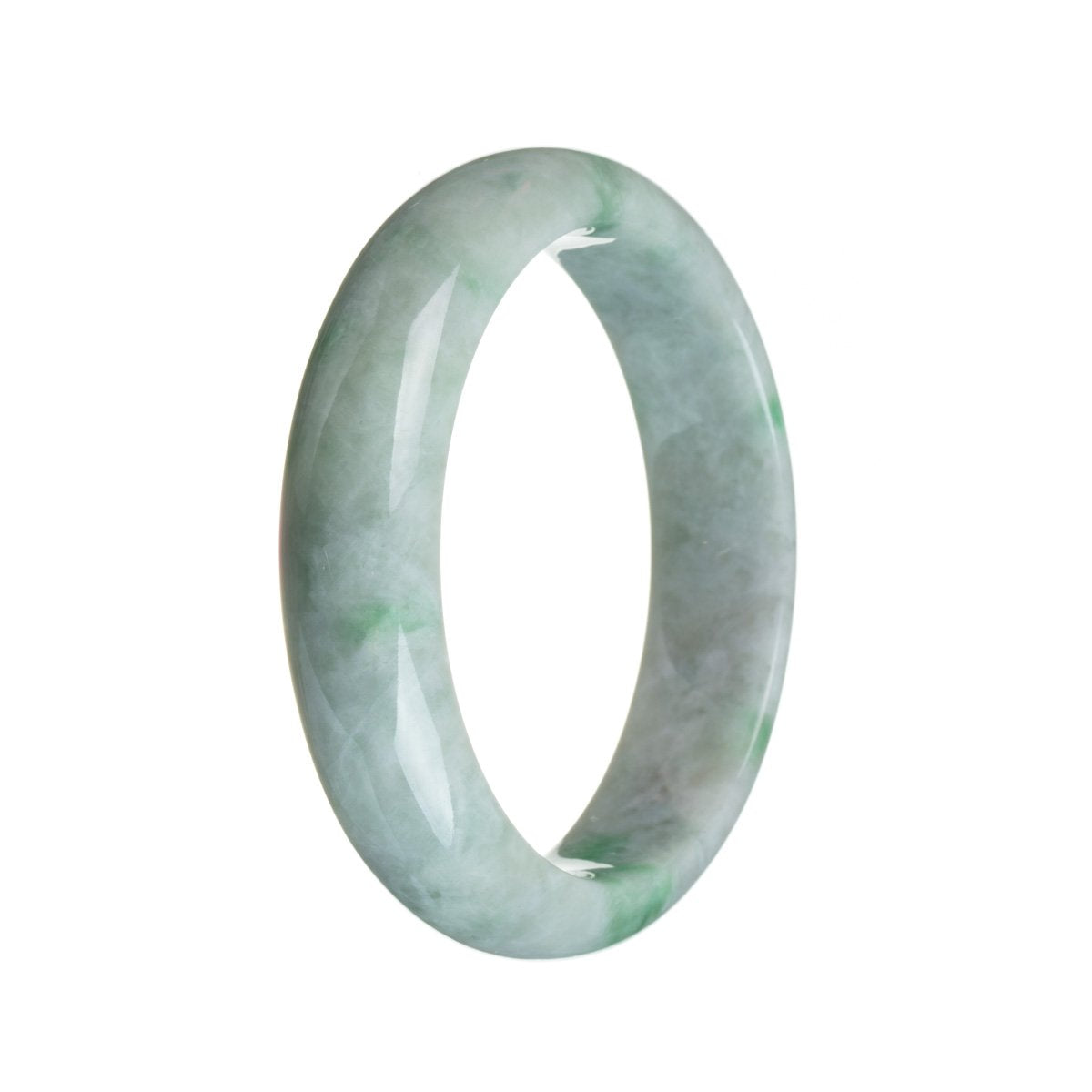 A close-up photo of a green and white jadeite bangle bracelet with a half-moon shape, measuring 58mm in diameter. The jadeite is of high quality, Grade A, and is genuine. The bracelet is from the MAYS™ brand.