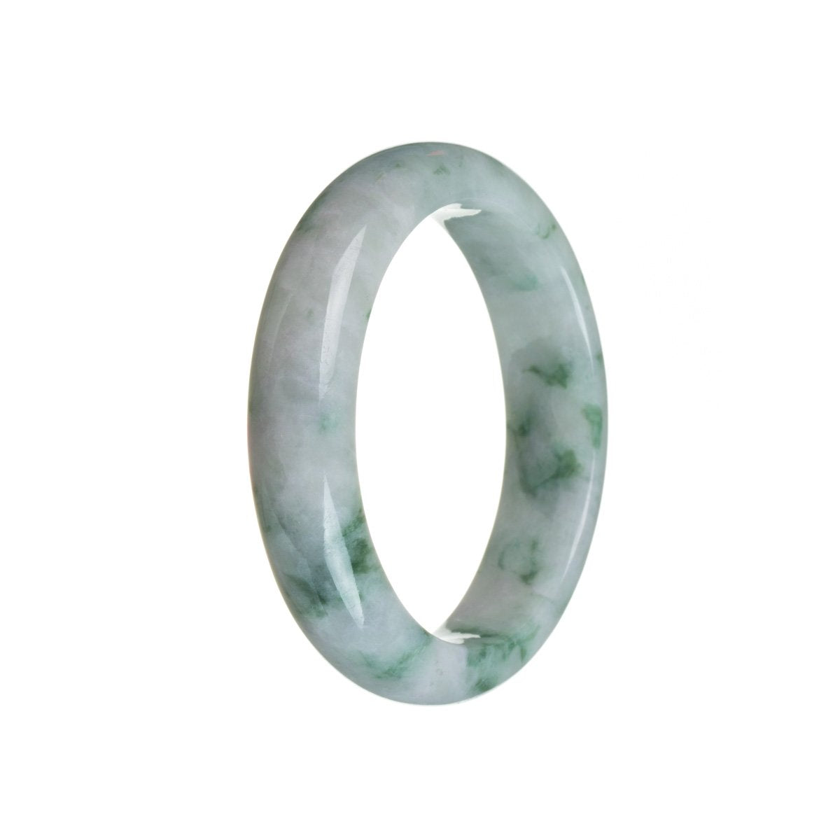 A close-up photo of a beautiful green and white jade bracelet, featuring a half-moon shape. The bracelet is made of genuine natural jadeite and is 51mm in size. Perfect for adding a touch of elegance to any outfit.