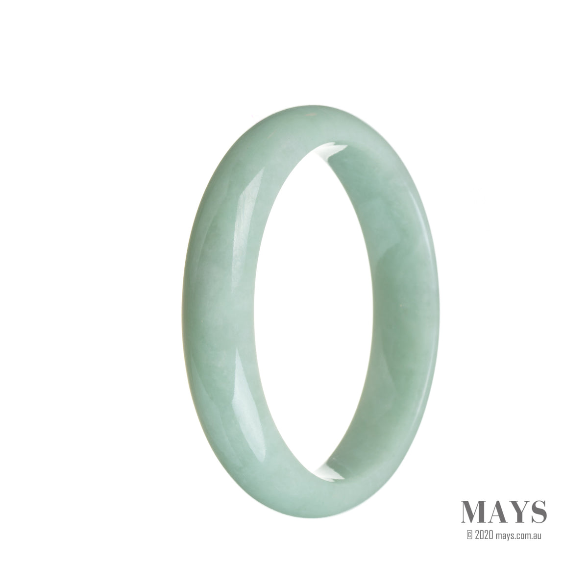 A half moon shaped light green jade bracelet, crafted with authentic Grade A jade. The bracelet measures 56mm in size and is perfect for adding a touch of elegance to any outfit. From the MAYS collection.