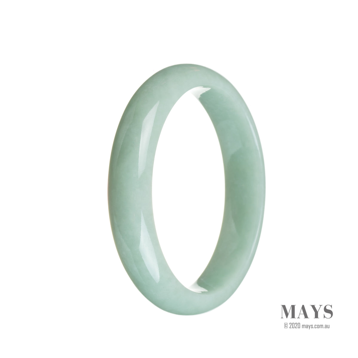 An untreated light green jadeite bangle featuring a half-moon shape, measuring 56mm in diameter. The bangle is authentic and crafted by MAYS.