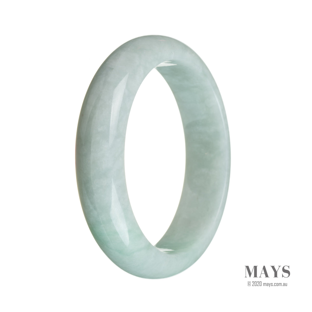 A pale green jade bangle bracelet with a half moon shape, measuring 61mm.