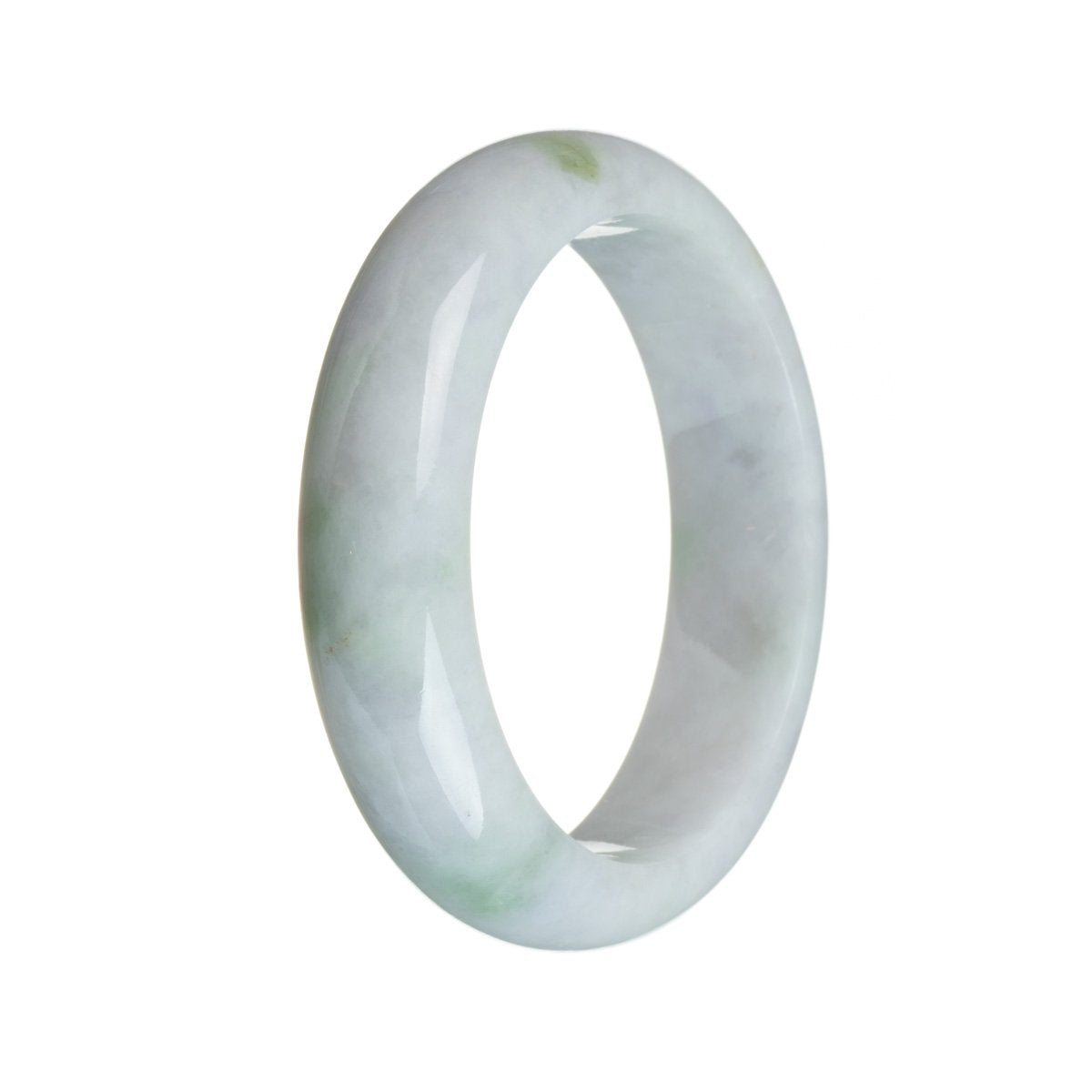 A close-up view of a lavender-colored bracelet made from traditional jade, with green spots scattered throughout. The bracelet is in the shape of a half moon and measures 58mm in size. The brand name "MAYS" is engraved on the inner side.