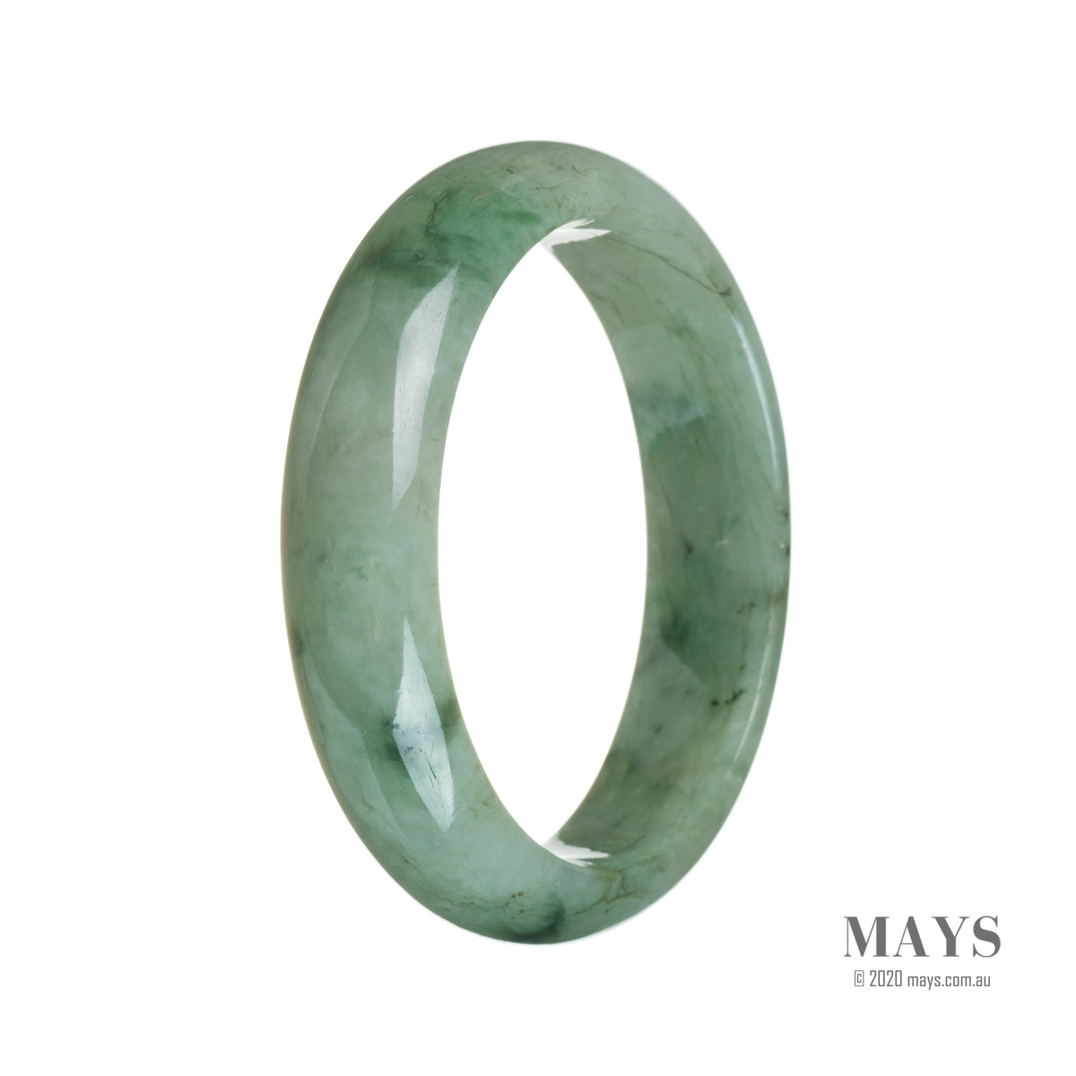 A beautiful green Jadeite Jade bracelet with a Grade A quality, featuring a 59mm half moon design. Perfect for adding a touch of elegance to any outfit.