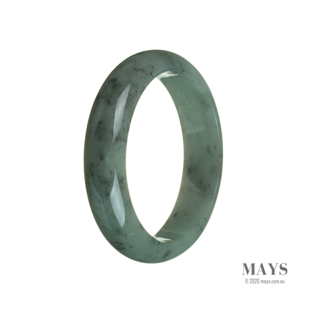 A stunning untreated grey jadeite bangle with a semi-round shape, measuring 59mm in diameter. Crafted with authenticity and elegance by MAYS.