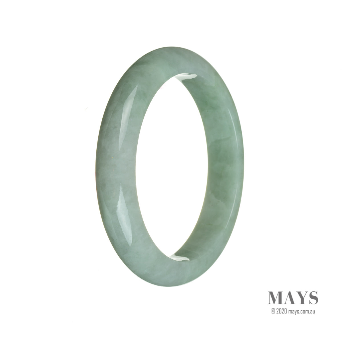 A close-up photo of a light green jade bracelet, made from untreated jadeite jade. The bracelet is semi-round in shape and has a diameter of 58mm. The jade stone is smooth and polished, showcasing its natural beauty. The bracelet is designed and sold by MAYS.