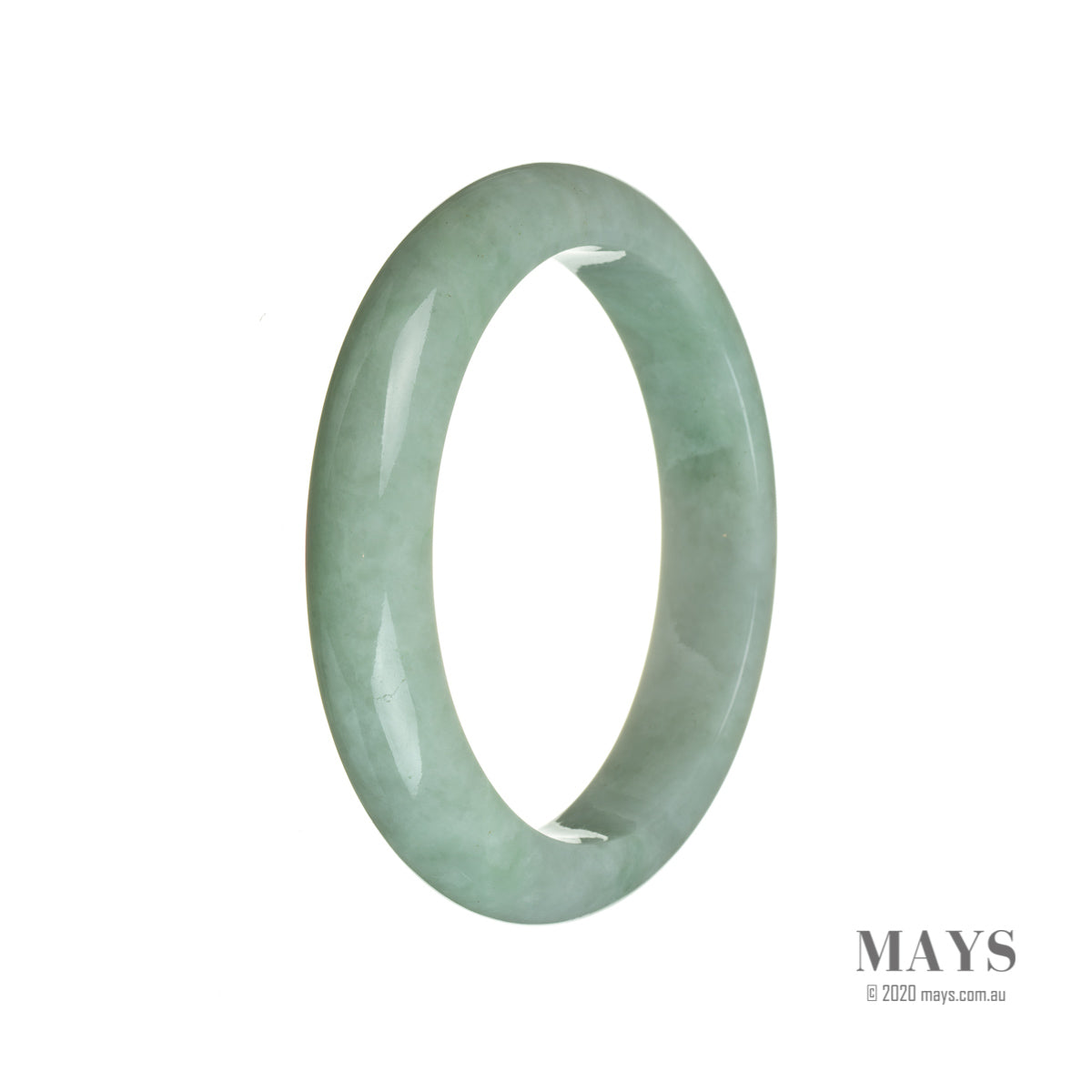 A close-up image of a semi-round, light green Burmese jade bangle, measuring 58mm in diameter. The bangle has a smooth, polished surface and showcases the natural beauty and unique patterns of the jade stone.