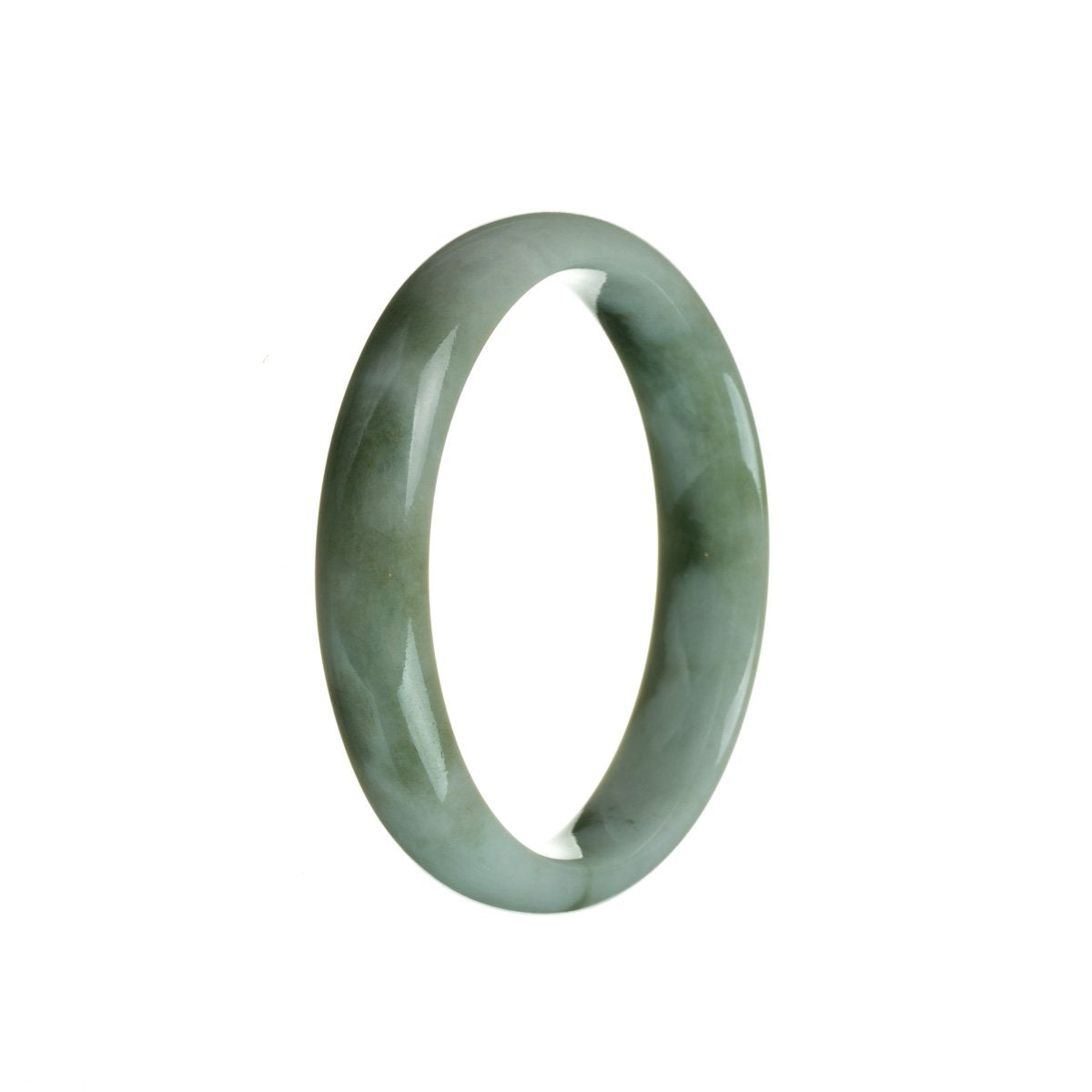 A half-moon shaped jade bracelet with an untreated green color and intricate pattern, sold by MAYS.