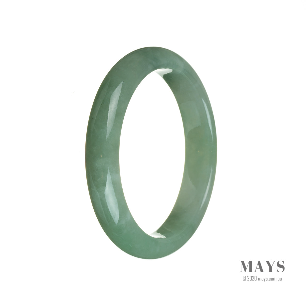 A close-up shot of a stunning green jade bracelet with smooth, semi-round beads, measuring 59mm in size. The bracelet is made from genuine Grade A Burmese jade and is beautifully crafted by MAYS GEMS.