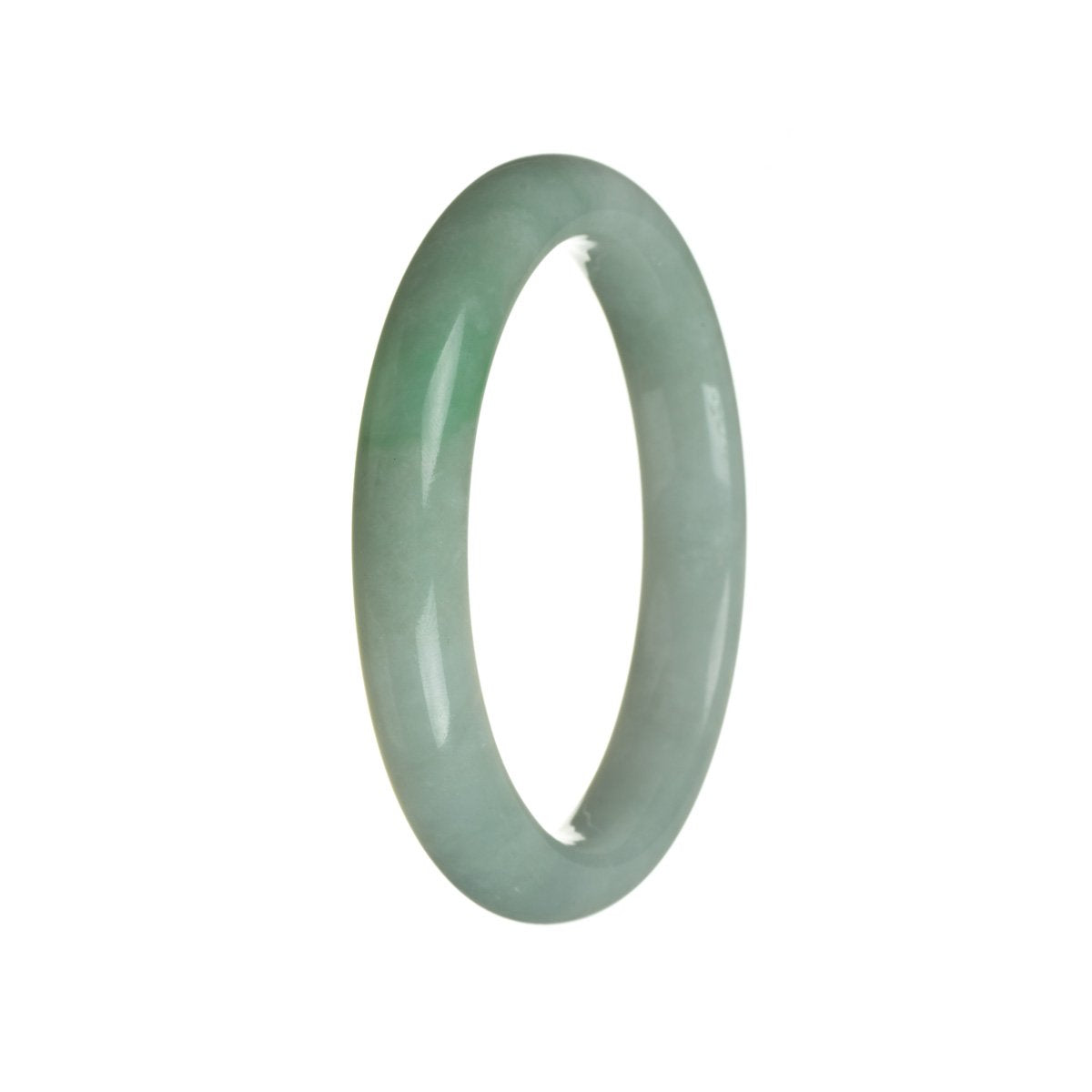 A half-moon shaped genuine grade A green jadeite bangle, measuring 62mm in size. Expertly crafted by MAYS GEMS.