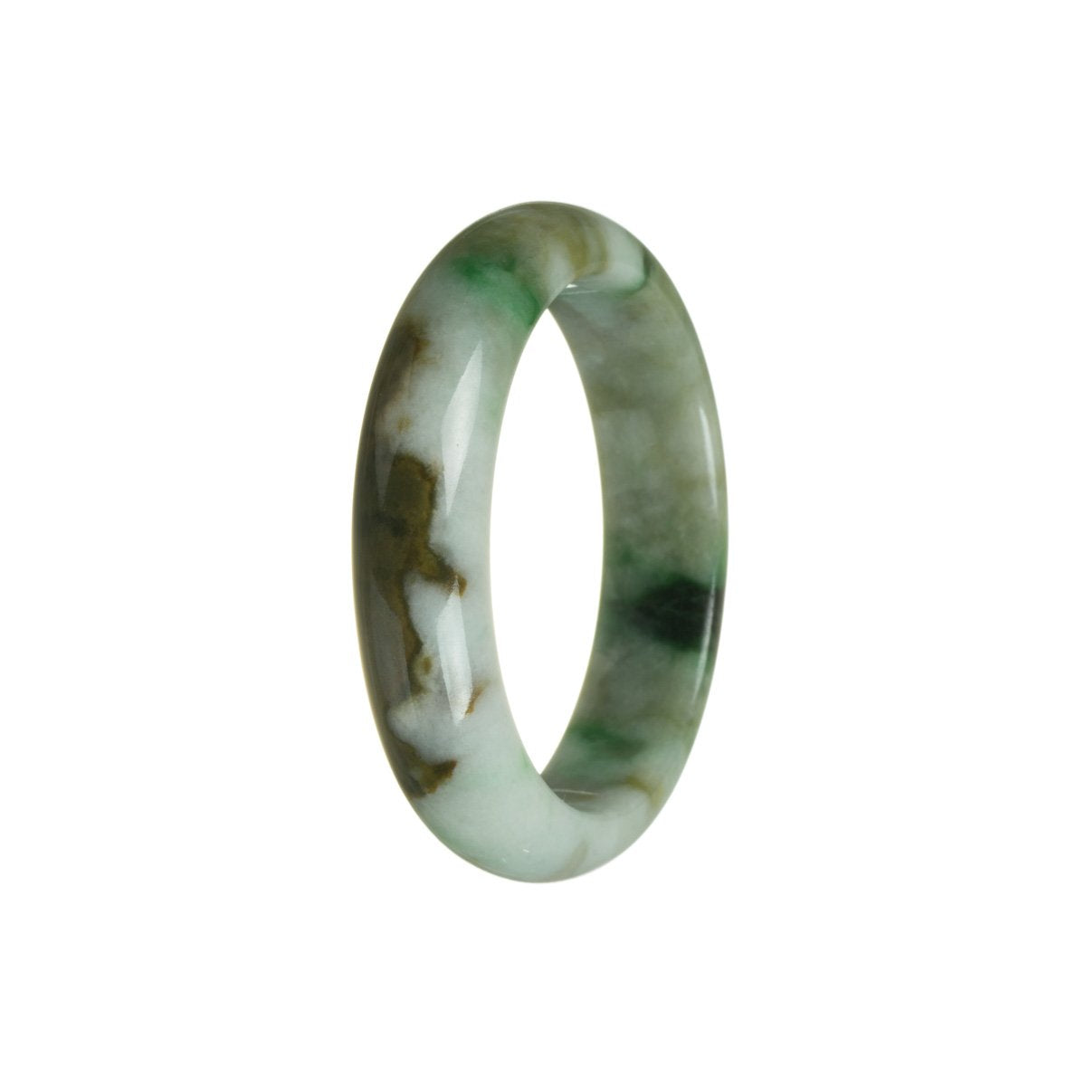 A close-up image of a beautiful jade bracelet with a half-moon shape. The bracelet features real Type A Green jade, with a mix of brown and white colors. The size of the bracelet is 55mm. This stunning piece of jewelry is from the brand MAYS.