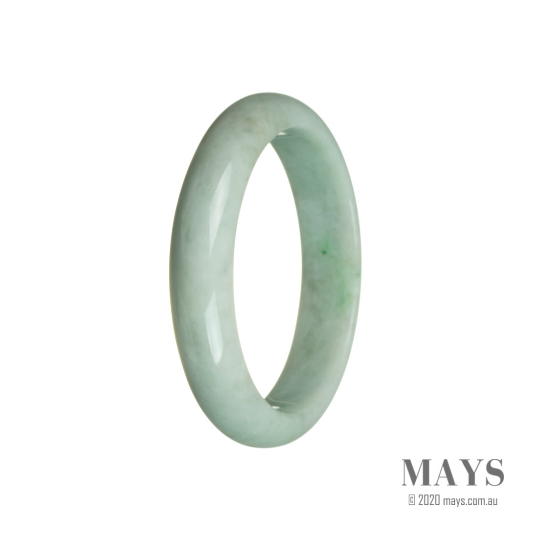 A half moon-shaped green jadeite jade bangle, measuring 59mm in diameter, with an authentic and natural appearance.