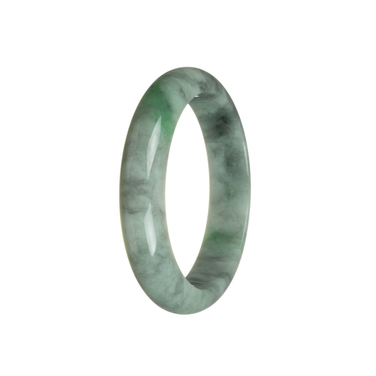 Close-up image of a beautiful jade bangle, featuring a half-moon shape. The jade is a stunning combination of green and grey, displaying its genuine grade A quality. Perfect for adding an elegant touch to any outfit.