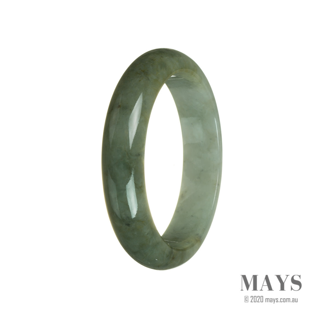 A half-moon shaped jade bangle with genuine Type A green and pale green tones.