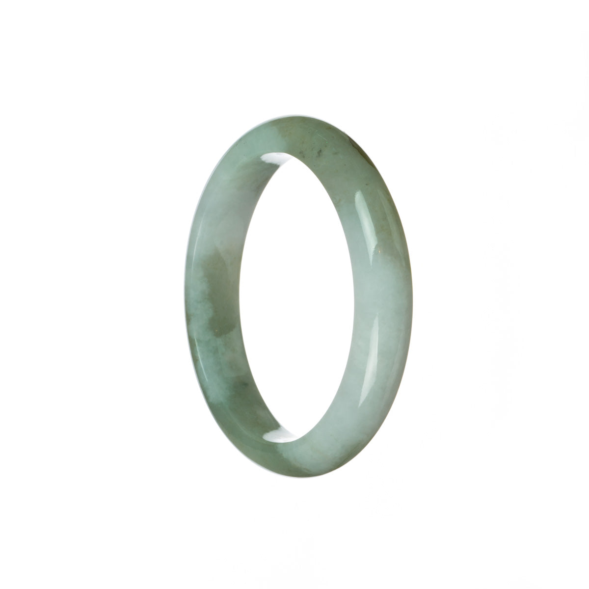 A close-up photo of a green and white Burma Jade bracelet with a half moon design, measuring 55mm.