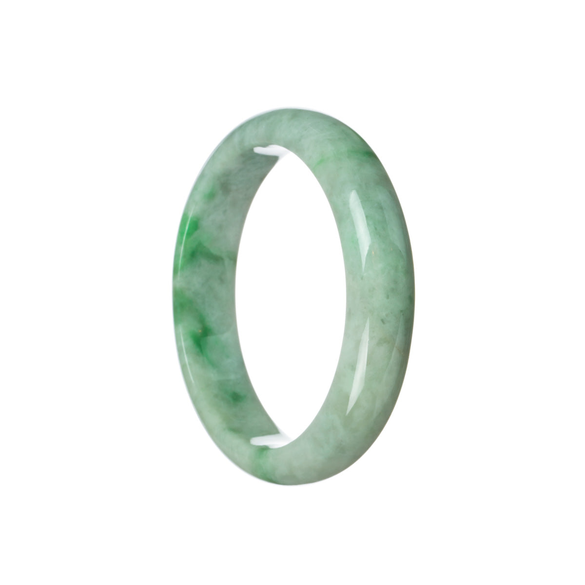 A close-up of a stunning bracelet made with certified natural white Burmese Jade. The bracelet features a half-moon design with vibrant emerald green hues. Crafted by MAYS GEMS.