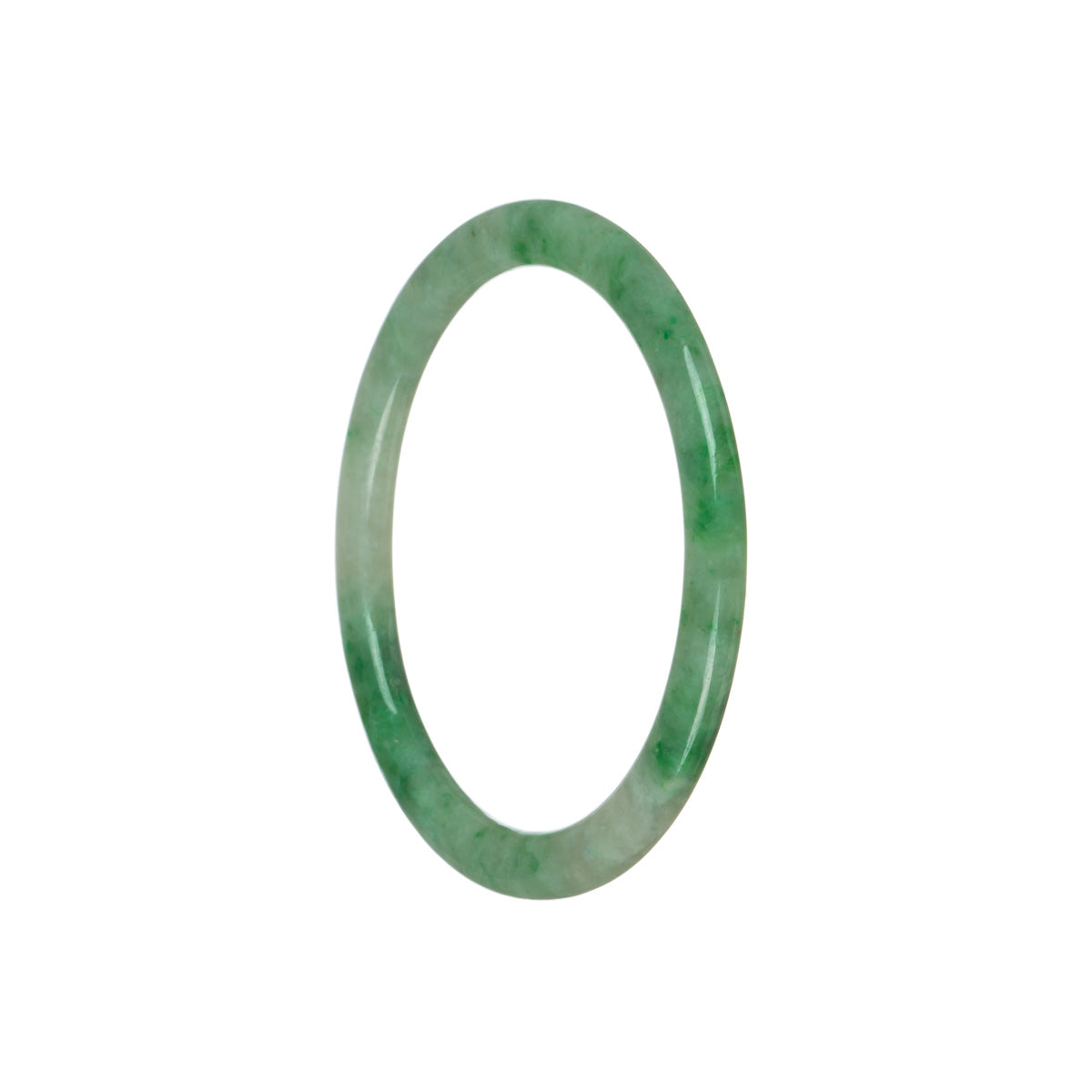 A close-up of an emerald green and white jade bangle, with a flat shape. The bangle has an authentic Type A emerald green color, complemented by white jade. It has a diameter of 59mm, and is a product from MAYS™.