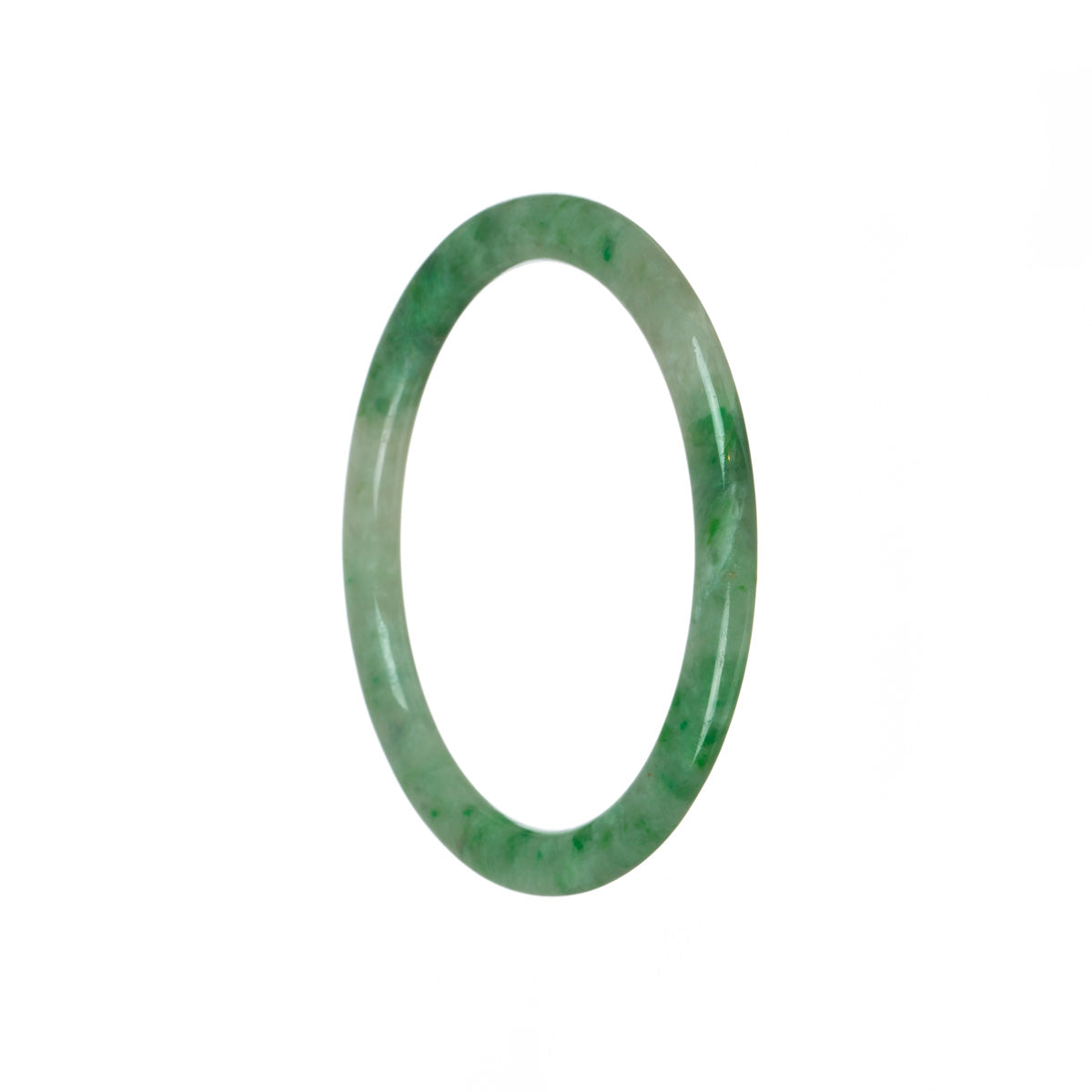 A close-up image of a beautiful emerald green and white jade bracelet. The bracelet features genuine Type A emerald green and white Burma Jade stones. It has a flat shape and measures 59mm in diameter. The bracelet is from the brand MAYS™.