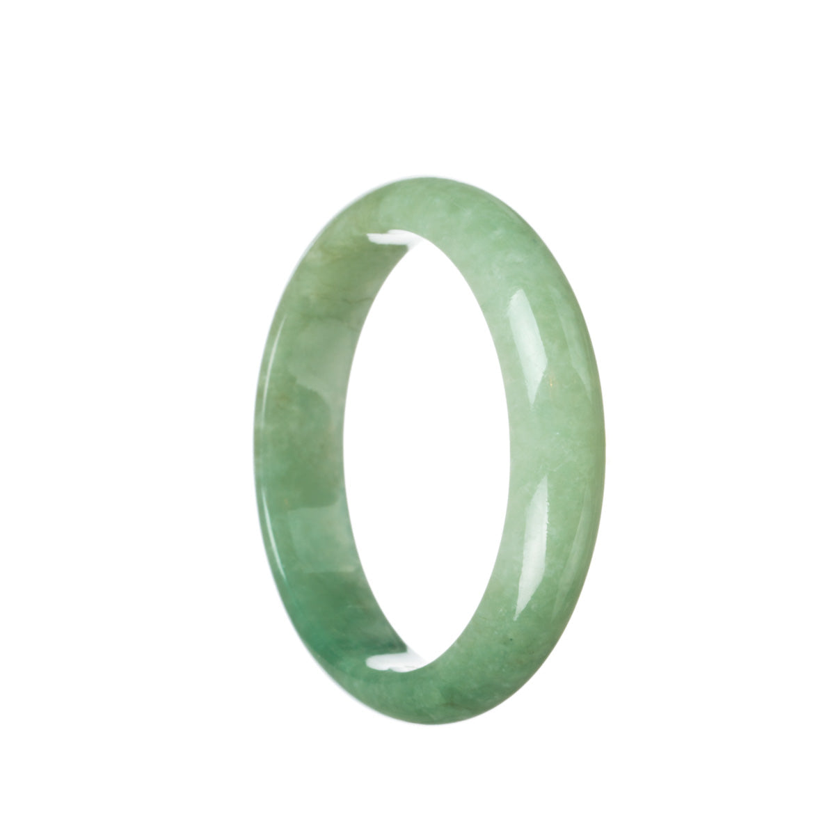 A close-up photo of a stunning green jadeite bangle with a half-moon shape, measuring 59mm in diameter. The bangle is made from genuine Grade A jadeite, known for its high quality and beautiful green color. It is a luxurious piece of jewelry from the MAYS™ collection.