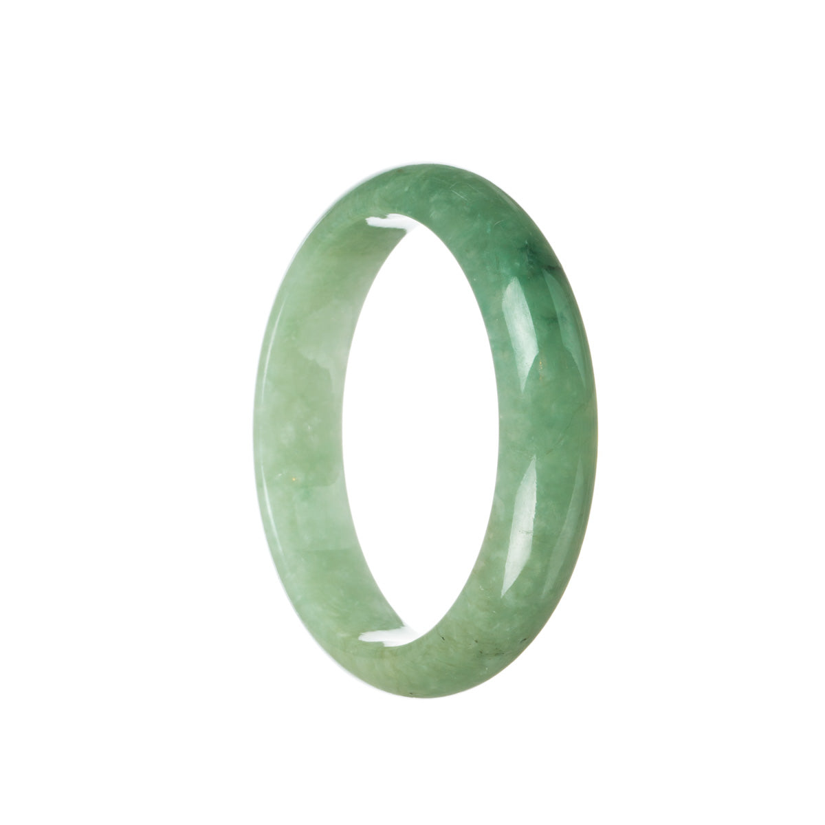 Image: A close-up photograph of a vibrant green jade bangle, shaped like a half moon, with a smooth and polished surface.Alt Text: A certified Grade A Green Burma Jade bangle in the shape of a half moon, measuring 59mm in diameter.