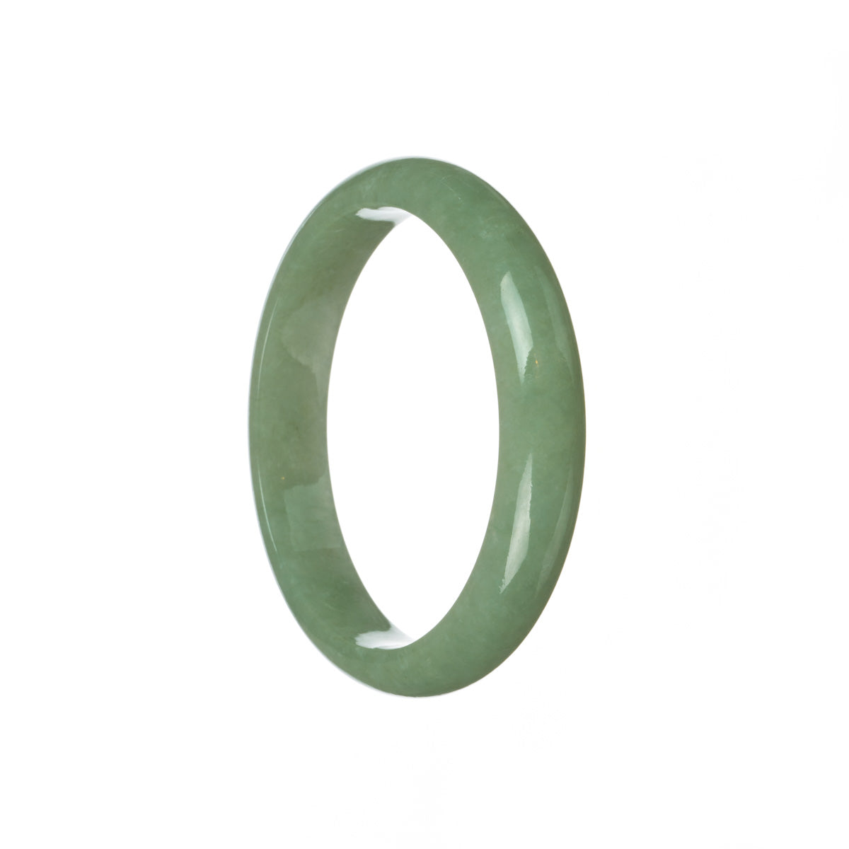 A close-up image of a half moon-shaped green jadeite jade bangle, certified as natural. The bangle has a diameter of 59mm and is sold by MAYS GEMS.