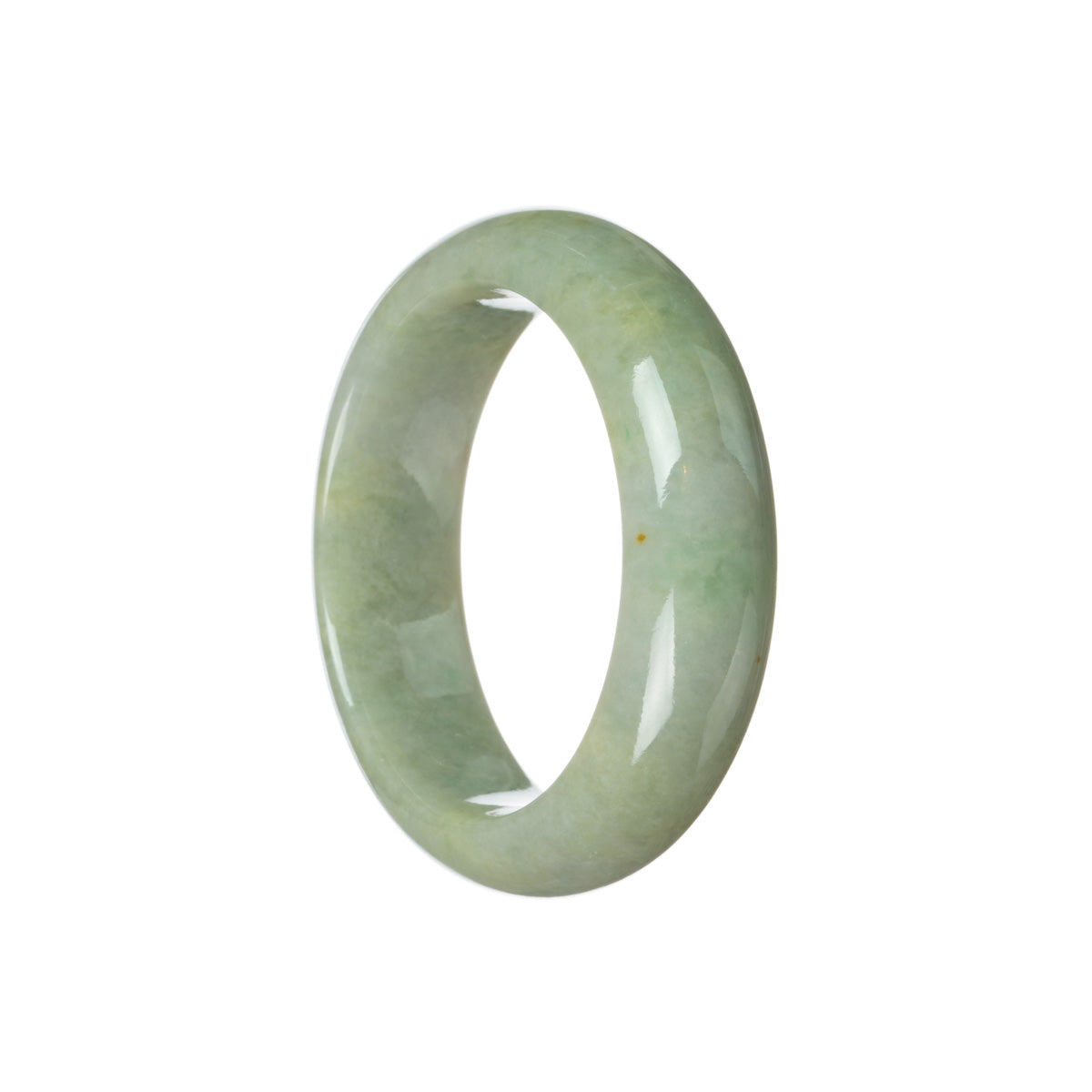 A close-up image of a beautiful, green jade bracelet with a half moon shape. The bracelet is made of genuine Type A jade and measures 53mm in diameter. It is a traditional and exquisite piece of jewelry from MAYS GEMS.