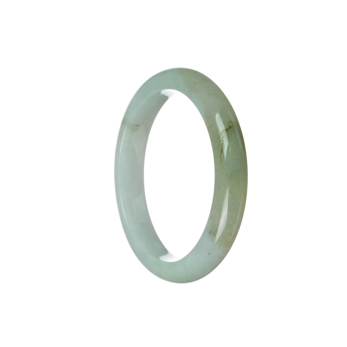 A lavender-colored bangle bracelet made with real grade A lavender and accented with a green jade stone. The bracelet is shaped like a half moon and measures 55mm in diameter. Sold by MAYS GEMS.