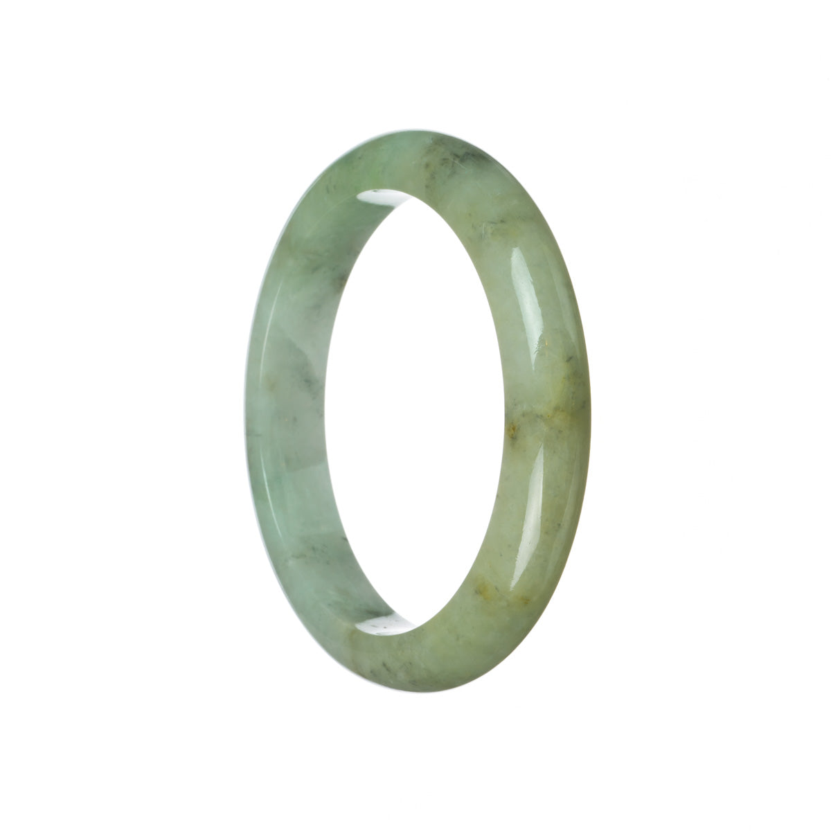 A light green Burmese jade bangle bracelet, certified Grade A. The bracelet is semi-round and measures 61mm in diameter. Sold by MAYS.