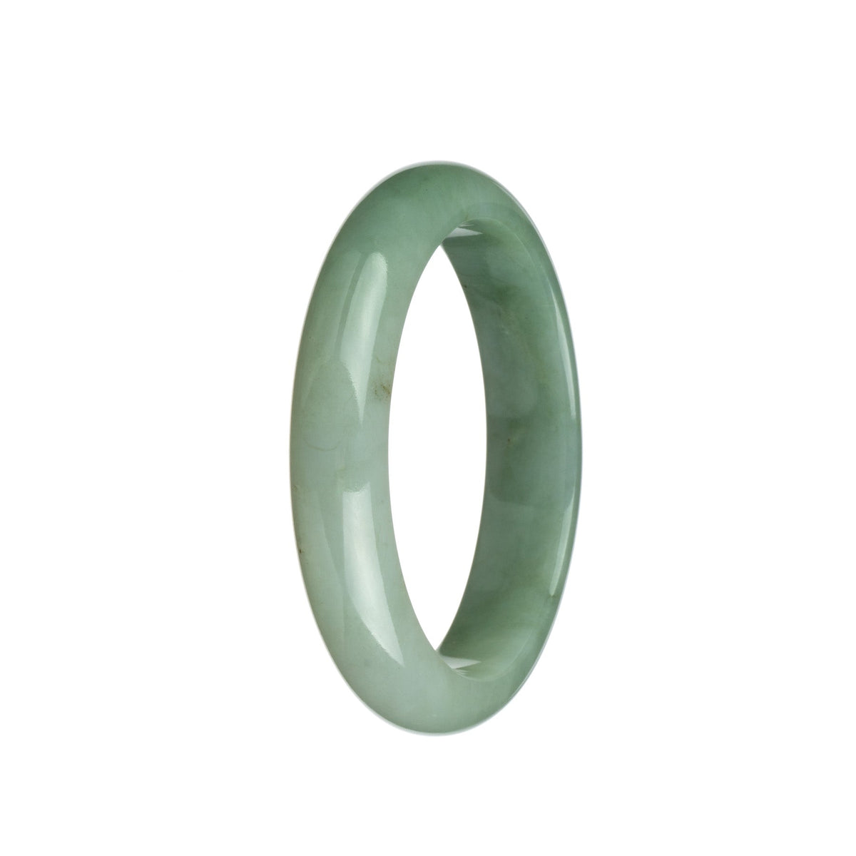 A close-up of a beautiful greyish green and white Burmese jade bracelet in the shape of a half moon, measuring 59mm in diameter. The intricate design and authentic grade A jade give it a luxurious and timeless appeal.