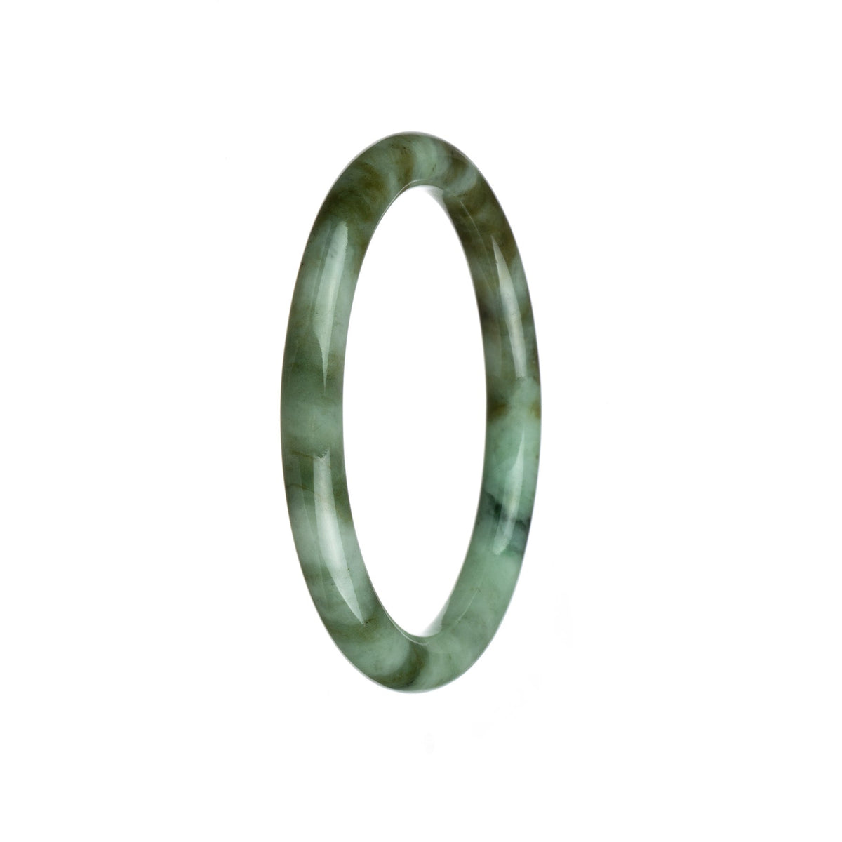 A close-up photo of an exquisite jade bangle bracelet featuring a beautiful combination of green and brown patterns. The bracelet has a petite round shape with a diameter of 60mm. It exudes an authentic and sophisticated feel, making it a perfect accessory for any occasion.