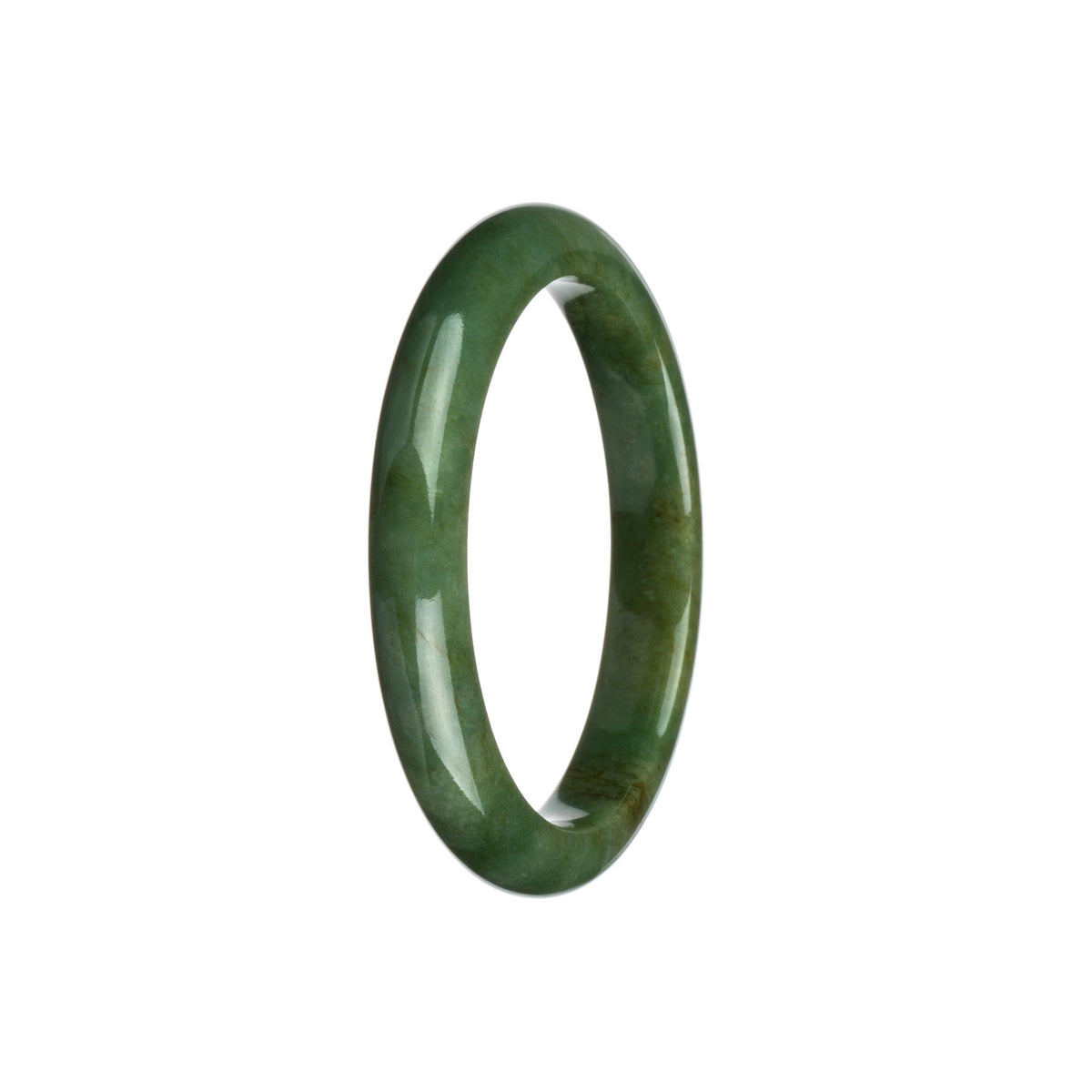 A close-up photo of a beautiful, semi-round, green jade bracelet with a glossy finish. The bracelet is made with genuine Type A green jade and measures 56mm in size. It features a smooth and elegant design.