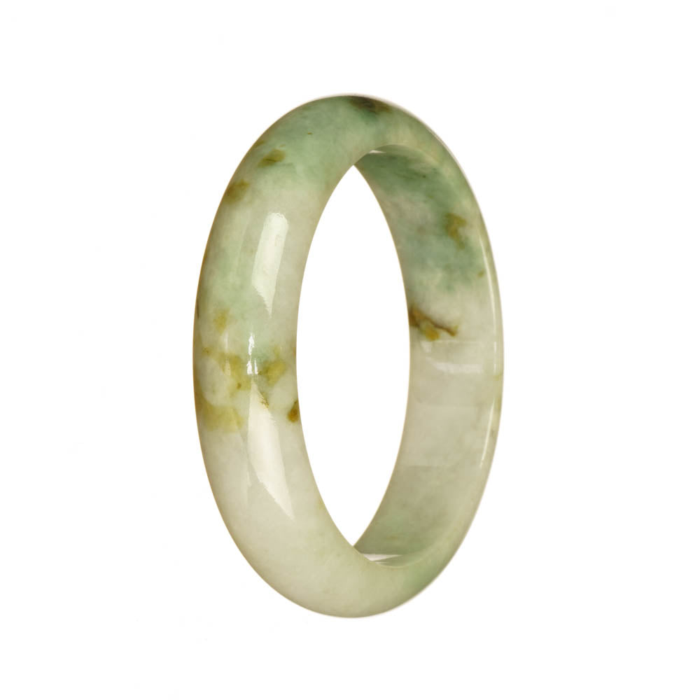 A beautiful light green and white patterned jade bracelet, featuring a half moon shape and measuring 54mm in size. A genuine Type A jade piece from MAYS GEMS.