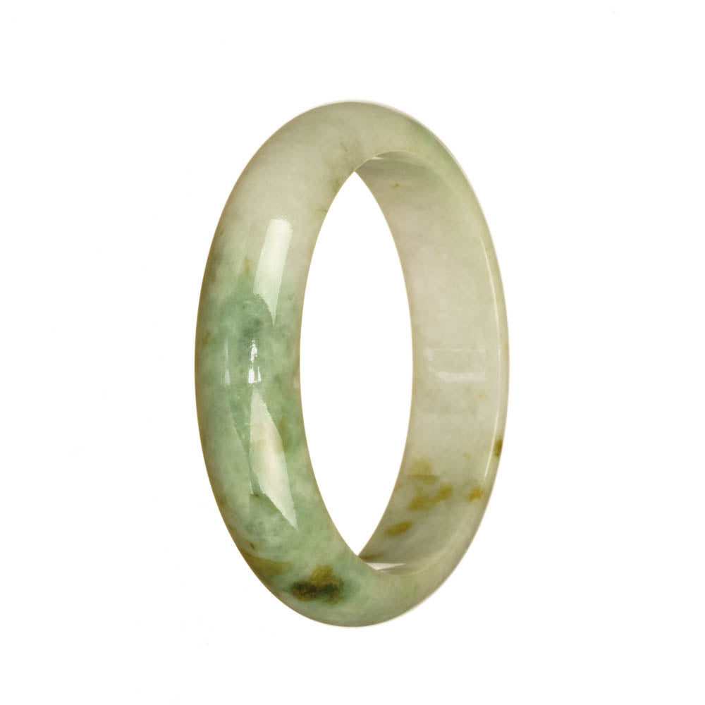 A half-moon shaped Burmese jade bangle featuring a certified natural light green and white pattern.