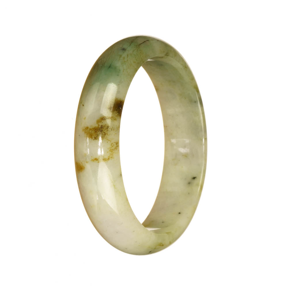 A half moon-shaped genuine Burma Jade bangle with a beautiful white color and green pattern. The bangle measures 54mm. Made by MAYS.