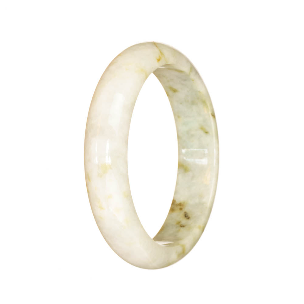 A close-up image of a bracelet made from genuine Grade A white jadeite. The bracelet features a half-moon shape, measuring 53mm in diameter. It showcases a beautiful pale green pattern on the surface. This exquisite piece of jewelry is offered by MAYS GEMS.