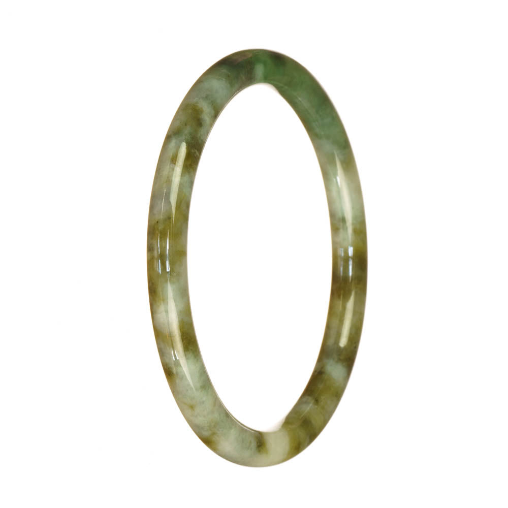 A close-up of a small, round jade bracelet in shades of green, white, and brown, showcasing its natural and untreated beauty.