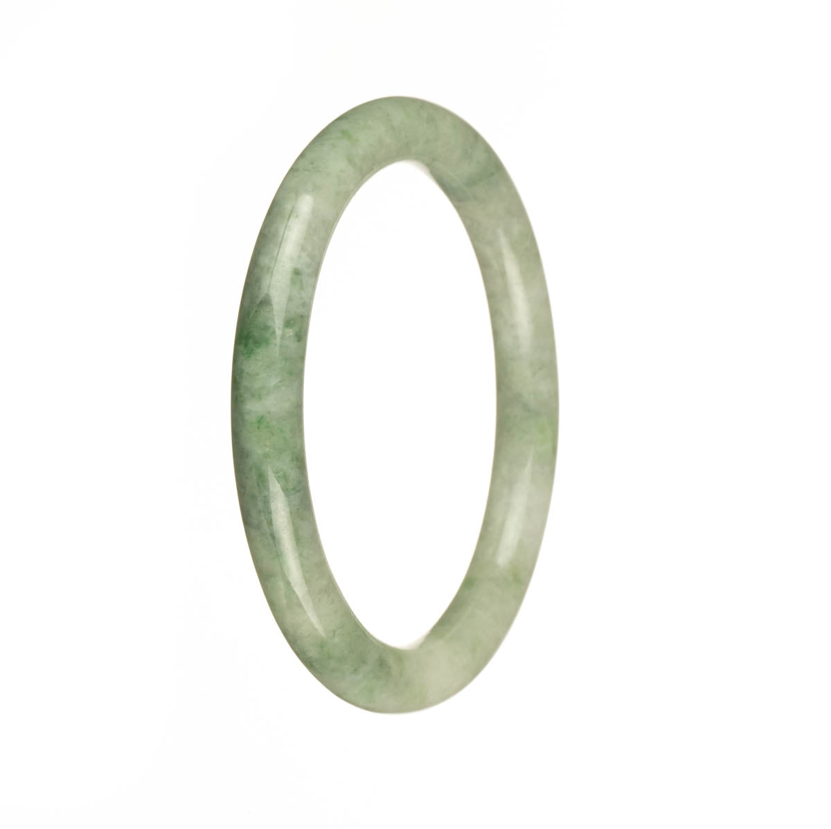 A beautiful jadeite bangle with a real grade A green color and apple green spots, measuring 56mm in size. Perfect for those who prefer a petite and round design.