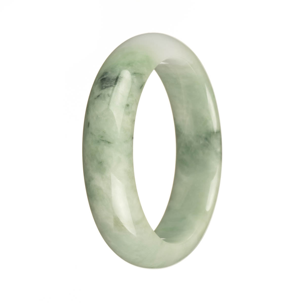 A beautiful jade bangle bracelet featuring a mix of green and lavender tones with apple green spots, crafted from genuine Grade A jade. The bracelet has a 57mm diameter and a unique half moon shape. A stunning piece from MAYS GEMS.