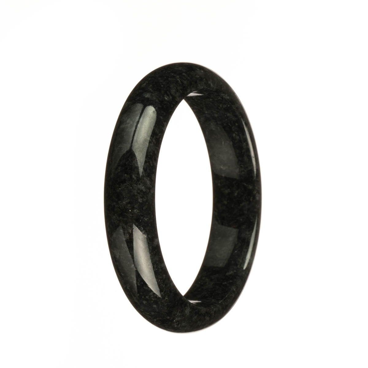 A close-up view of a Genuine Grade A Black Jadeite Bangle, with a shiny half moon shape. This elegant piece is expertly crafted and measures 55mm in diameter. Perfect for those who appreciate the beauty and rarity of high-quality jadeite jewelry.