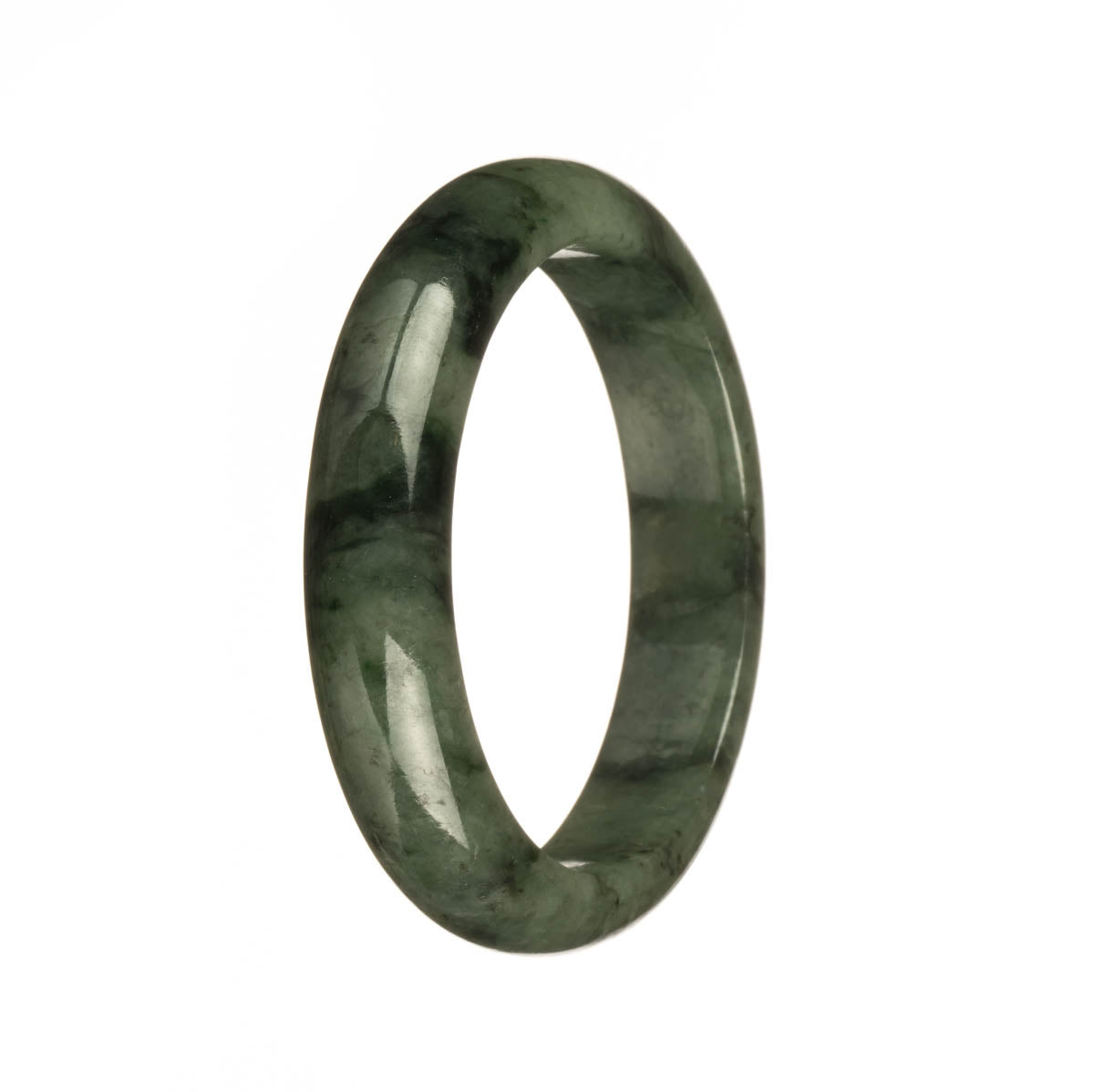 A dark green Burmese jade bracelet with a half moon pattern, showcasing its natural beauty.