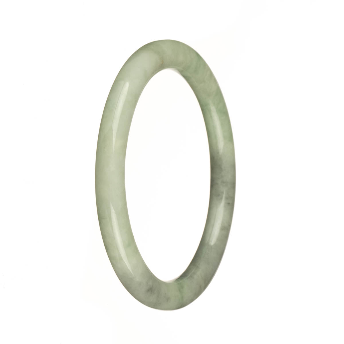 A close-up photo of a round jade bangle bracelet in shades of green and grey, with a petite size of 59mm. The bracelet is made of genuine Grade A jade and is offered by MAYS GEMS.