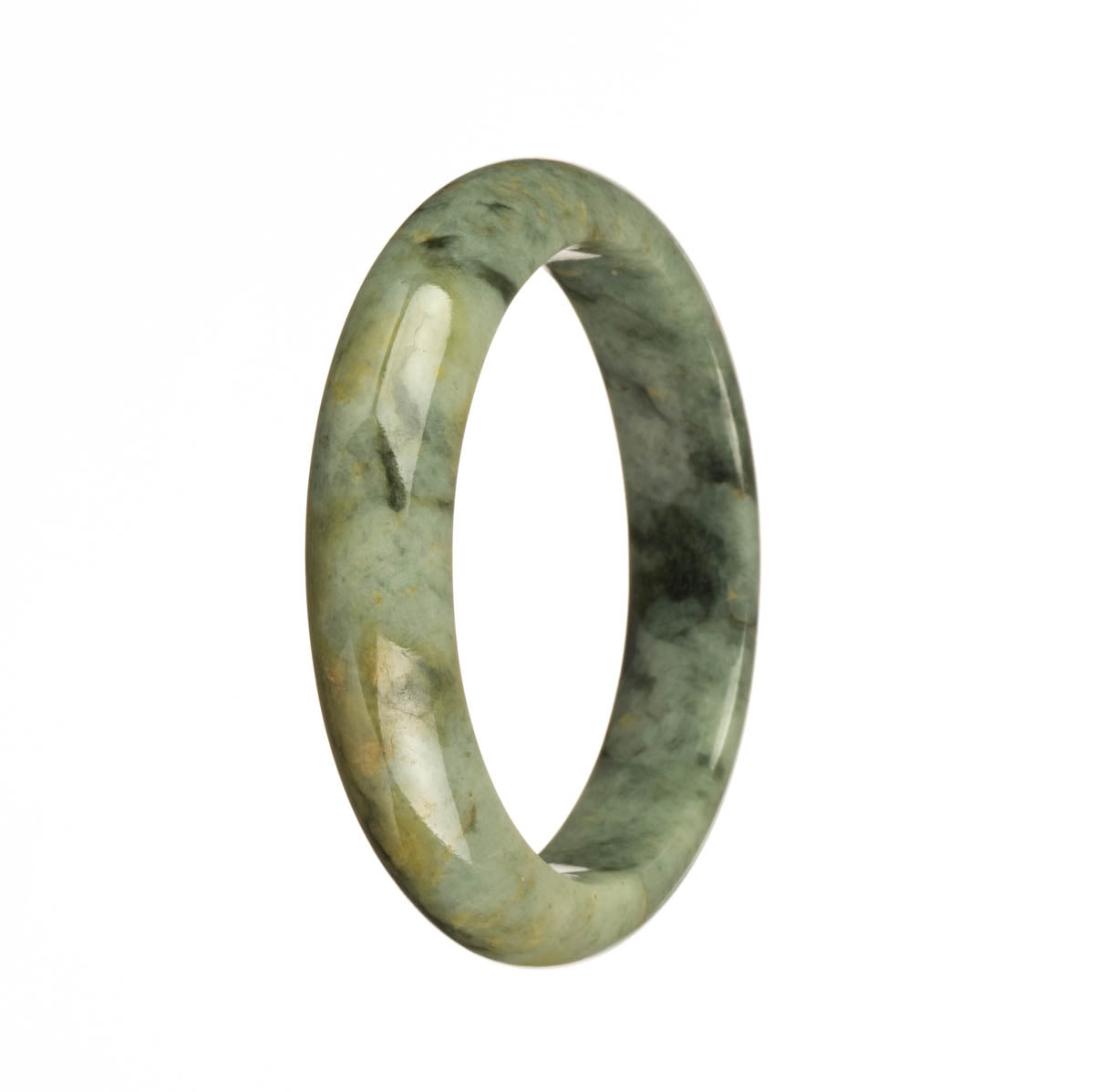 A beautiful half moon shaped jadeite jade bangle bracelet, featuring genuine grade A green jade with yellow and green patterns. A stunning accessory from MAYS GEMS.